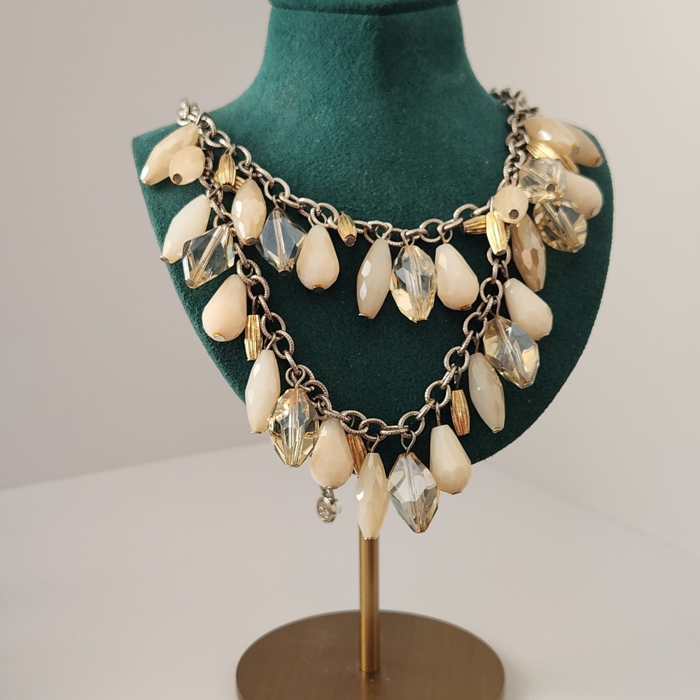 LOFT Cream Champagne Beaded Double Strand Bib‎ Statement Necklace Silver